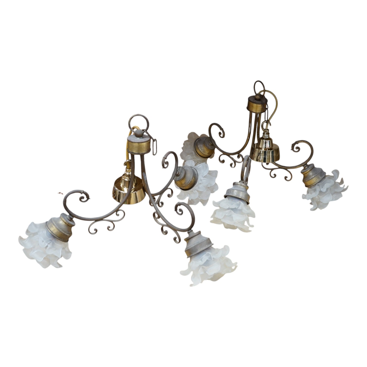 A pair of brass three-light chandeliers with frosted glass shades, 58cm wide. Condition - fair